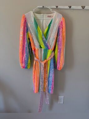 Ivy City Co Striped Sequin Long Sleeve Mini Dress Size Medium Colorful